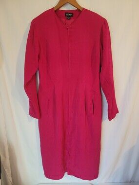 SHOMI Women's Size 12 Fuchsia 100% Silk Long Sleeve Zipper Sheath Dress Pockets